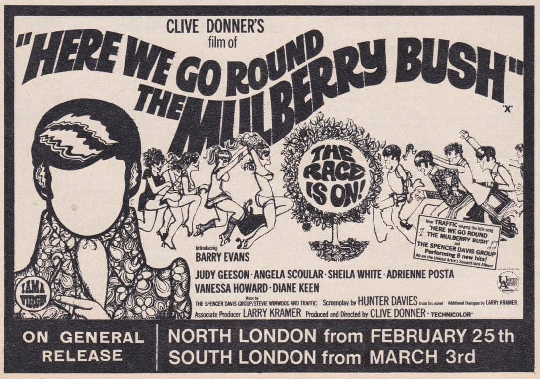 Fifty-six years ago today, North London cinema audiences went round the Mulberry Bush... #HereWeGoRoundTheMulberryBush #1960s #film #Films #CliveDonner #HunterDavies #BarryEvans #JudyGeeson #comedy #comedymovies #Swinging60s