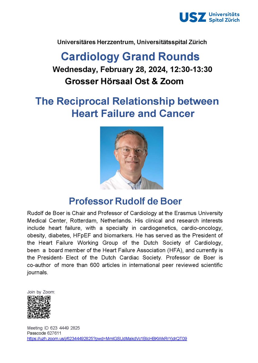 Excited to announce our upcoming Cardiology Grand Round with Prof. Rudolf de Boer. Join us for a translational journey on the mechanisms linking #cancer and #heartfailure! @CardioZurich @CTECresearch @Unispital_USZ @UZH_en @ShehabAnwer @DLBHATTMD @gbiondizoccai