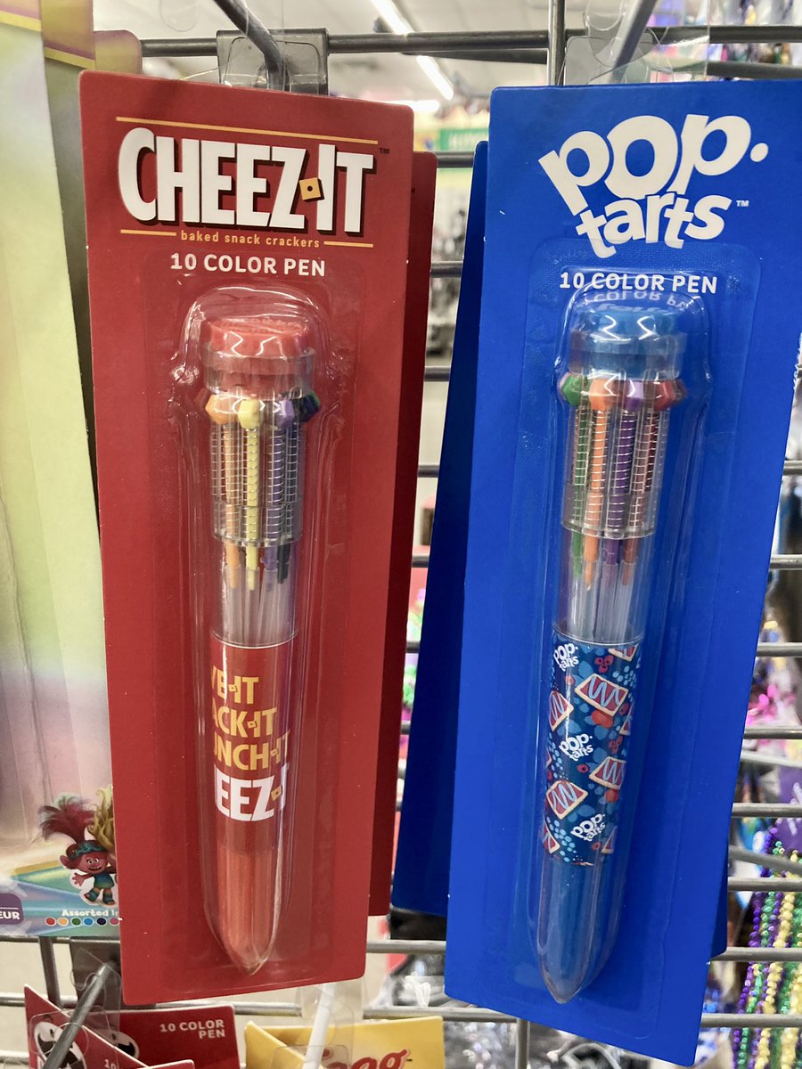 Cheez-It and pop-tart pens in 10-colors. Makes me wonder what they will think of next. There’s an Eggo one below. 😂 

#food #sundayfun #artsupplies