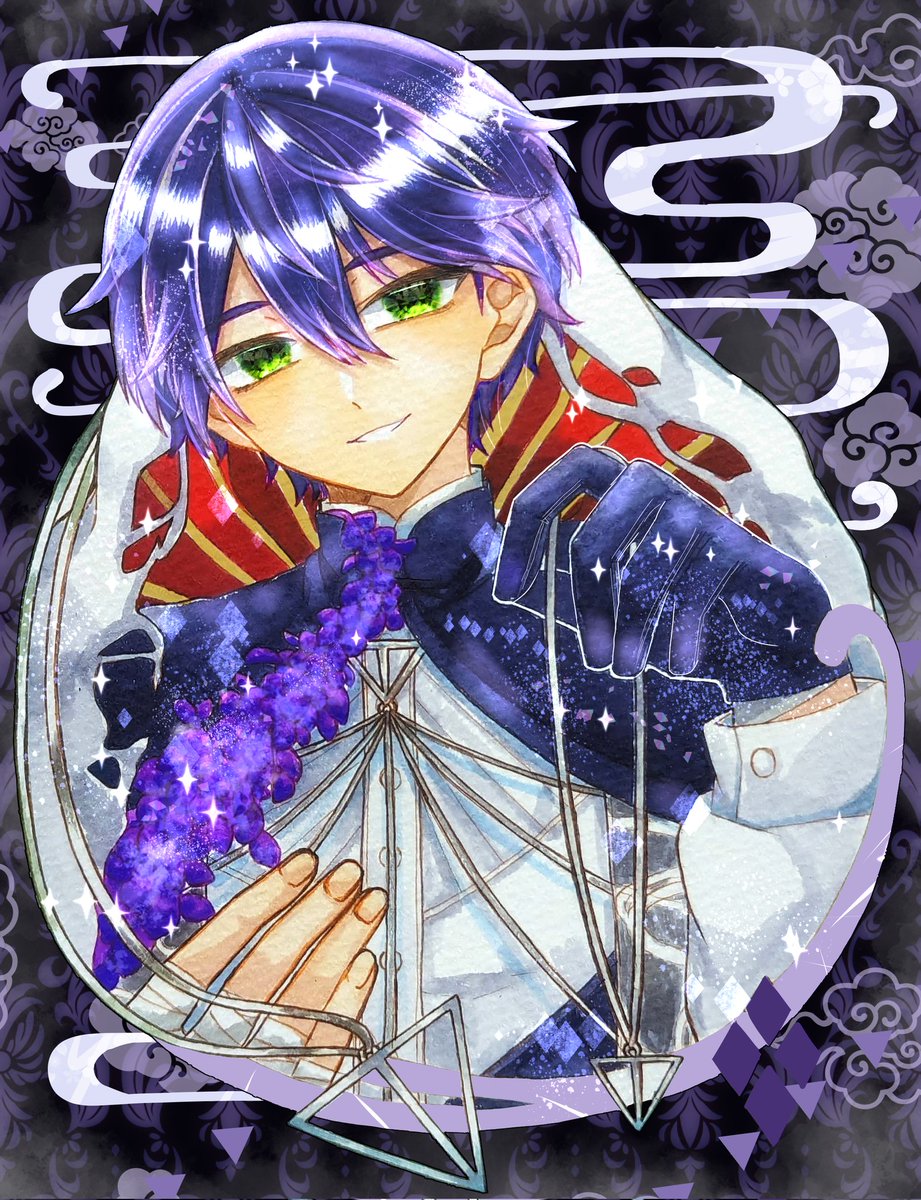 1boy male focus green eyes solo gloves hair between eyes smile  illustration images