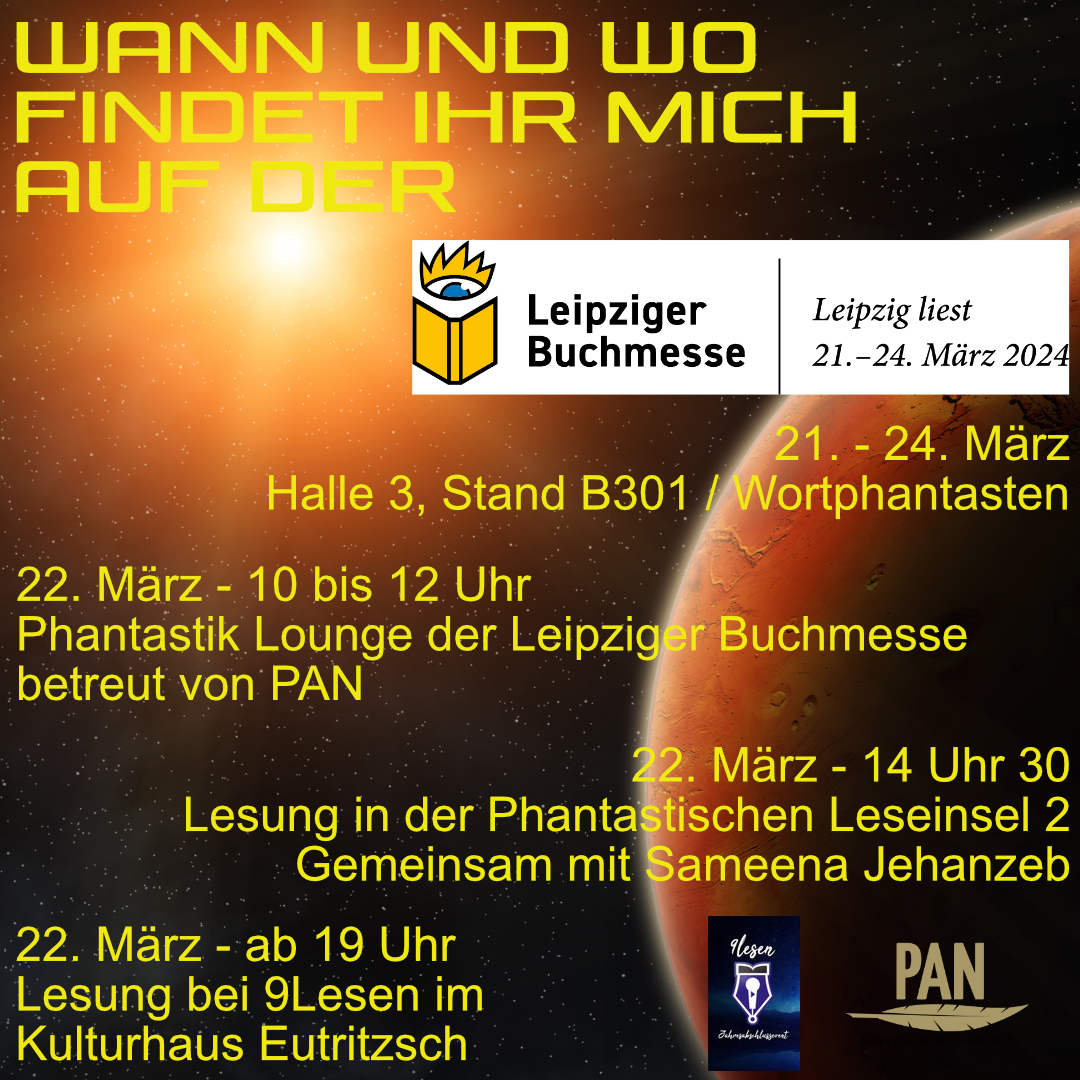 Die <a href="/buchmesse/">Leipziger Buchmesse</a> kommt mit großen Schritte Näher und dieses Mal habe ich dort volles Programm.

Wo und wann könnt ihr mich treffen und meine Bücher kaufen?

Im Foto findet ihr alle termine und Orte.