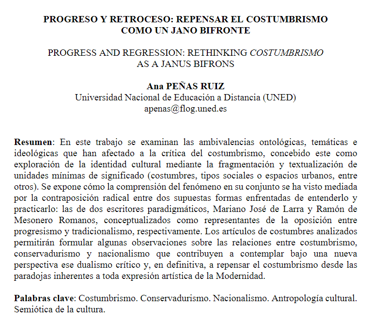 👊 ¡Larra contra Mesoneros! 👀 El costumbrismo en la oposición entre progresismo y tradicionalismo. 🧐 El dualismo crítico del costumbrismo en "Progreso y retroceso: repensar el costumbrismo como un Jano bifronte", de Ana Peñas Ruíz. 🤨 En Signa: 33. 👉👉revistas.uned.es/index.php/sign…