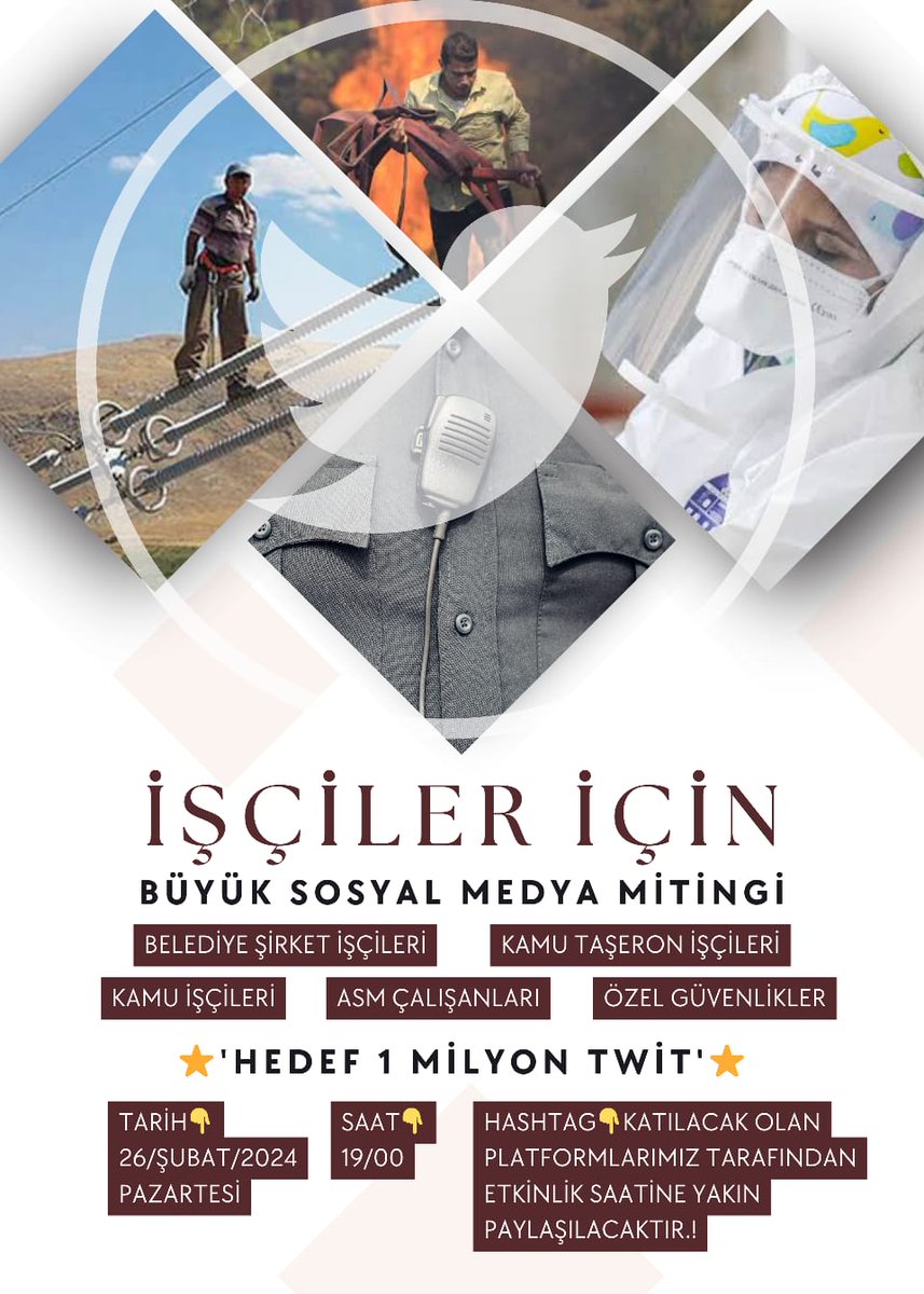 TÜM İŞÇİLER👇 ↘️BELEDİYE ŞİRKET İŞÇİLERİ, ↘️KAMU TAŞERON İŞÇİLERİ, ↘️KAMU İŞÇİLERİ, ↘️ASM GRUP PERSONELLERİ İÇİN, BÜYÜK SOSYAL MEDYA ! . . M İ T İ N G İ . . ! 🗓️ 26 ŞUBAT PAZARTESİ ⏰ 19:00 NOT↙️ HASTAG AYRICA DUYURULACAKTIR.! @HalitOuz41 @lonelydad61 @Beldiyeli27…