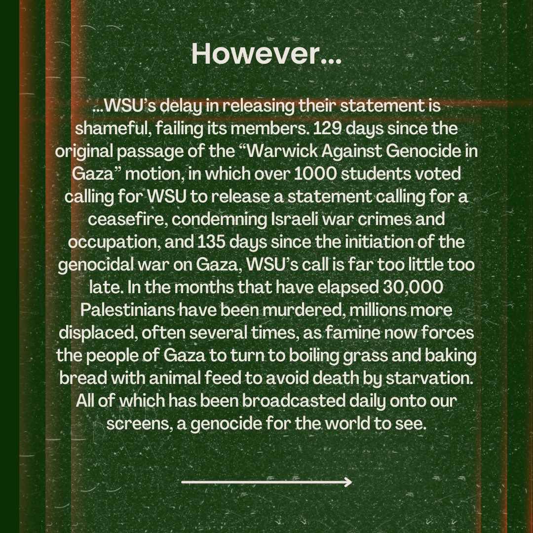 uwarsoc's tweet photo. This week, owing to months of pressure from students, @WarwickSU called for an “immediate and permanent” ceasefire in Gaza. Swipe to read our collective statement on behalf of the student coalition for Palestine. @WarwickUCU @uniofwarwick https://t.co/rMVxuPKj7t