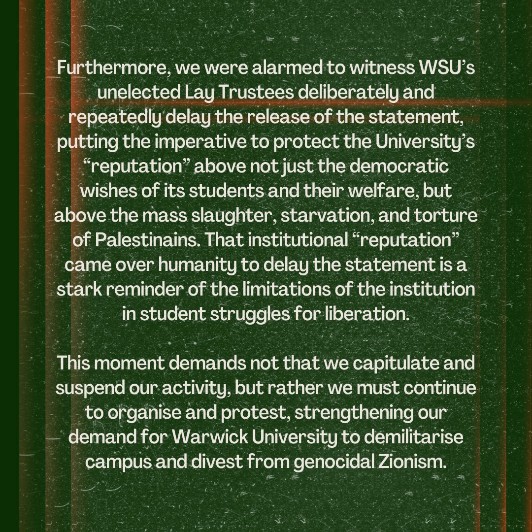 This week, owing to months of pressure from students, @WarwickSU called for an “immediate and permanent” ceasefire in Gaza. Swipe to read our collective statement on behalf of the student coalition for Palestine. <a href="/WarwickUCU/">Warwick UCU</a> <a href="/uniofwarwick/">University of Warwick</a>