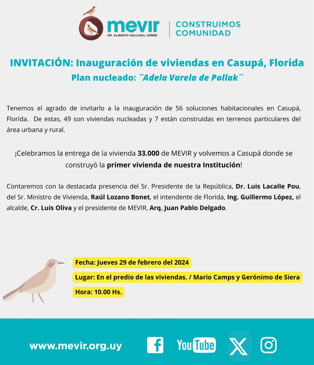 𝗠𝗲𝘃𝗶𝗿 𝘂𝗻 𝗽𝗮𝗶́𝘀 𝗲𝗻 𝗼𝗯𝗿𝗮 !
El próximo jueves inauguraremos en Casupá - Florida un nuevo plan de viviendas de <a href="/MevirOficial/">MEVIR</a> 

✔︎ 200 personas tendran un nuevo hogar, felicitaciones!
#ConstruimosComunidad