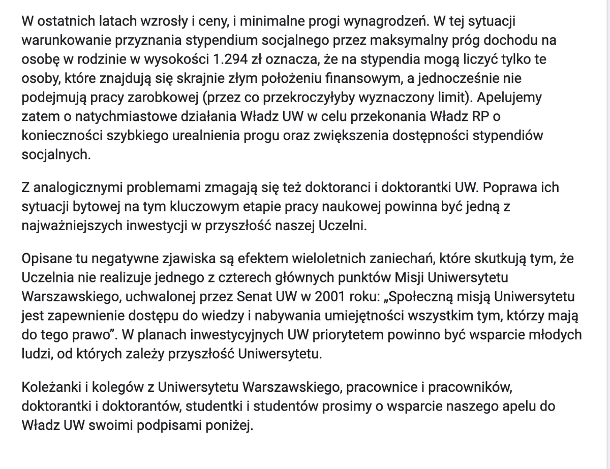 Grupa pracowników <a href="/UniWarszawski/">Uniwersytet Warszawski</a> wystosowała list otwarty do władz UW w sprawie sytuacji materialnej osób studiujących na UW.
To ważna sprawa, która pojawia się również w wypowiedziach władz <a href="/MNiSW_GOV__PL/">Ministerstwo Nauki i Szkolnictwa Wyższego</a> 

docs.google.com/forms/d/e/1FAI…

<a href="/adamgendzwill/">Adam Gendzwill</a> <a href="/Pawe1Strze1ecki/">Paweł Strzelecki</a> <a href="/ForumAkad/">Forum Akademickie</a>
