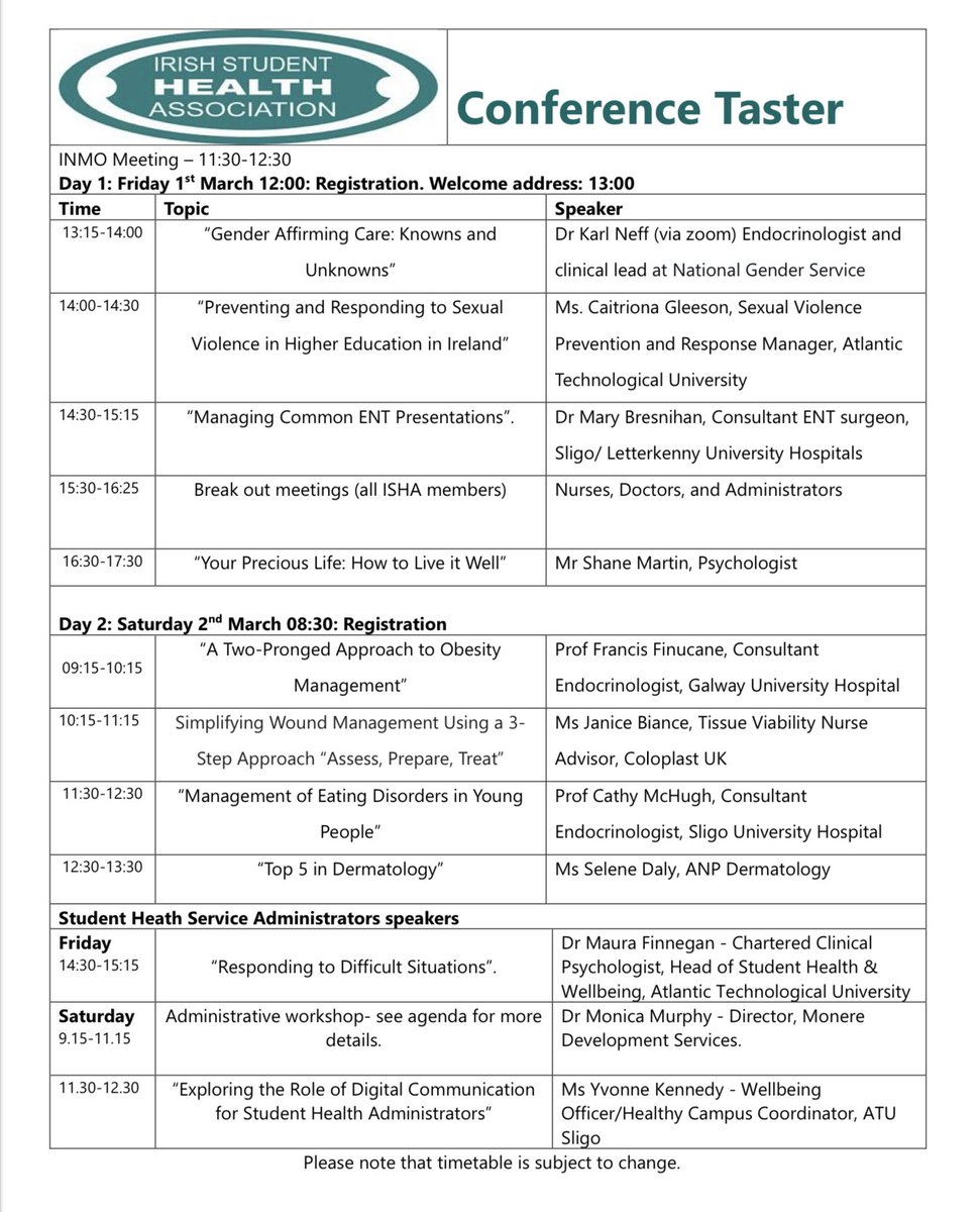 The Irish Student Health Association Conference 2024, hosted by the student health department <a href="/atusligo_ie/">ATU Sligo</a> takes place on Friday 1st &amp; Saturday 2nd March at the <a href="/sligoparkhotel/">Sligo Park Hotel</a> 
Booking at: eventbrite.ie/e/irish-studen…
Read more about the #ISHA Conference 2024: isha.ie/article/isha-c…