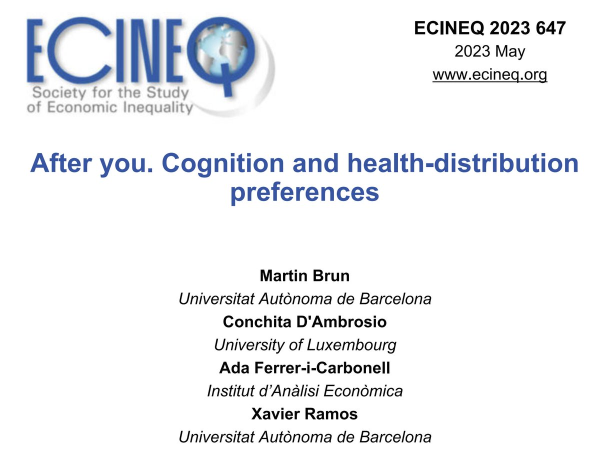 ECINEQ WP-647. M.Brun @ConchDAmbrosio @AdaFerreriCarbo X.Ramos show that individuals’preferences for vaccine-distribution schemes are caused by #prosociality, which is linked to perception of less #equality of #opportunity ecineq.org/2023/05/12/aft…