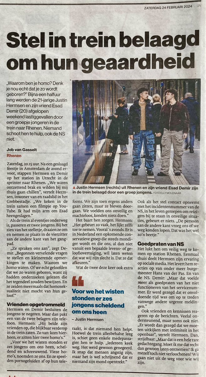Als ik zo’n artikel in <a href="/ADnl/">AD.nl</a> lees kookt mijn bloed. En misschien wel het ergste: ‘Hoewel de trein allesbehalve leeg is, schiet geen enkele medepassagier hen te hulp.’ 😤 #loveislove #lhbti