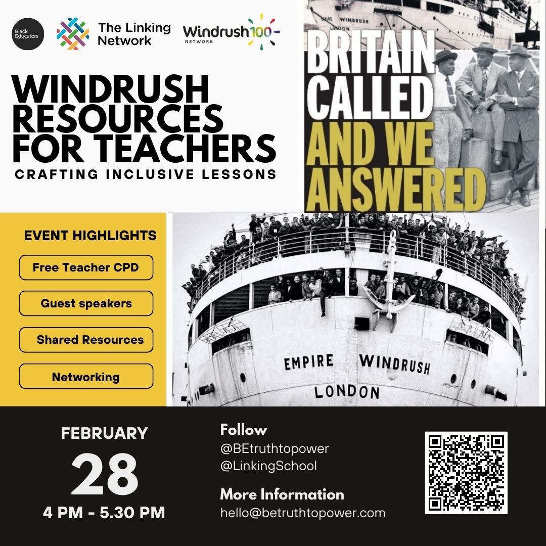 Free Teacher CPD? Hear from our guest speakers. Learn about #Windrush history and legacy to share in your school and access teaching resources. Online this Wednesday 28th Feb. Link in bio. #teachertwitter