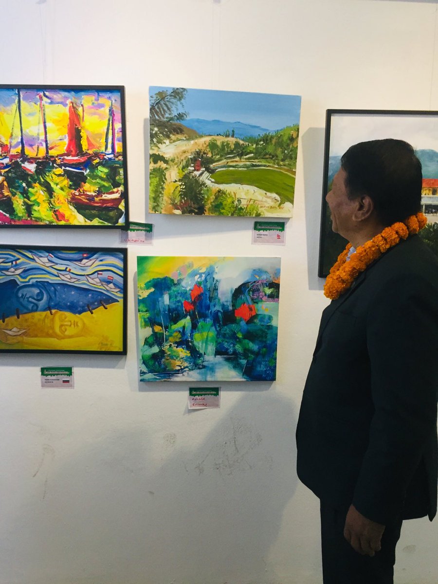 risal_raj's tweet photo. Chief Guest Prakashman Singh, Mayor Tirtha Bhattarai, Mountain Climber Lakpa Sherpa are at an art exhibition program organized by Diktel Rupakot Majhuwagadhi Municipality at  the Nepal Art Gallery. @Sirjana_Singh @PMSinghNC @PMS_Secretariat https://t.co/yFPDsbcRqs