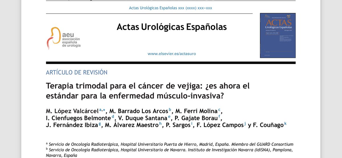 Publicamos en @actasurologicas una revisión multidisciplinar @GuardConsortium sobre Terapia trimodal para el cáncer de vejiga: ¿es ahora el estándar para ... sciencedirect.com/science/articl…