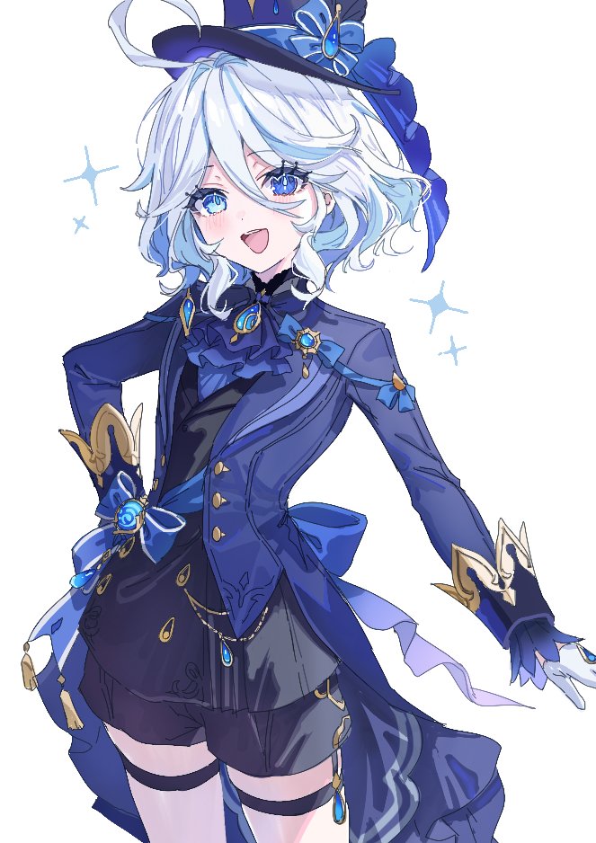furina (genshin impact) blue eyes hat solo white hair brooch shorts gloves  illustration images