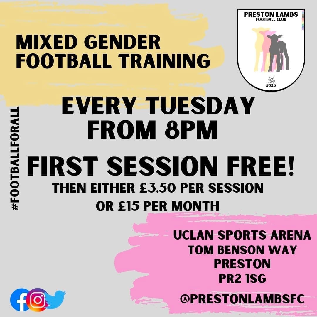 If you live in Lancashire and would like to join a football team. Come join us!

#inclusivefootball #football #womensfootball #mensfootball #mixeefootball #lancashire #preston #blackburn #lancaster #burnley #blackpool #leyland #chorley