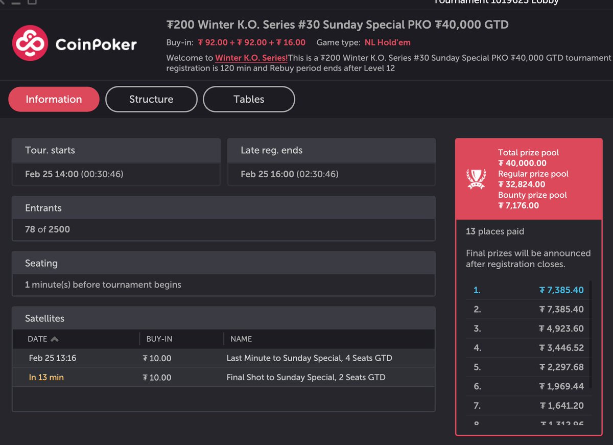 CoinPoker_OFF's tweet photo. GL to all players in the $200 Sunday Special PKO Main Event ($40,000 GTD) GL! 😎
#CryptoPoker #KOSeries https://t.co/nlfModhTzT
