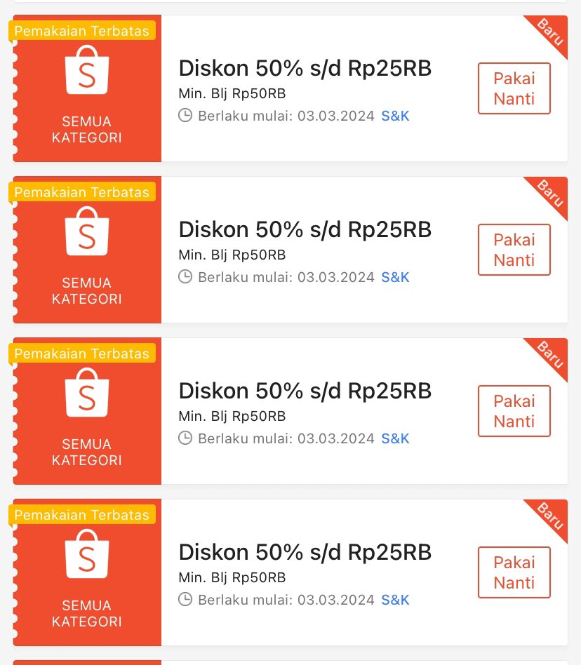 vc diskon 50% s/d 25ribu buat tanggal 3

kode :

RAHASIASHOPEE33
DISKONSHOPEE33
BELANJASHOPEE33
PROMOSHOPEE33
DISKONHORESPL3MAR

input disini
shope.ee/7zoZdNrl79