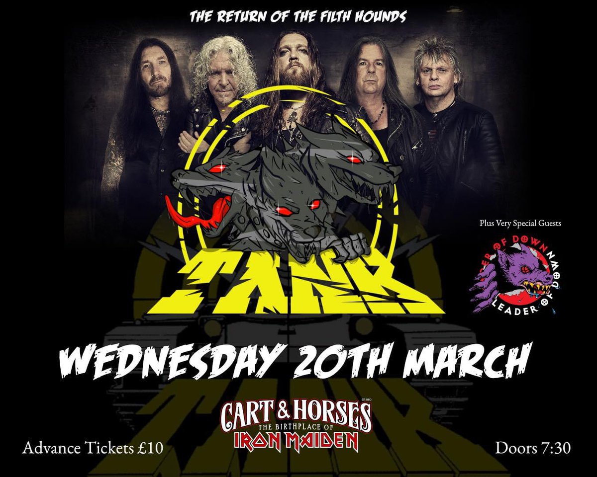 We can’t wait to support Tank in London on 20th March, hope to see you all there. #cartandhorsesstratford #cleopatrarecords #tankband #sonyatv