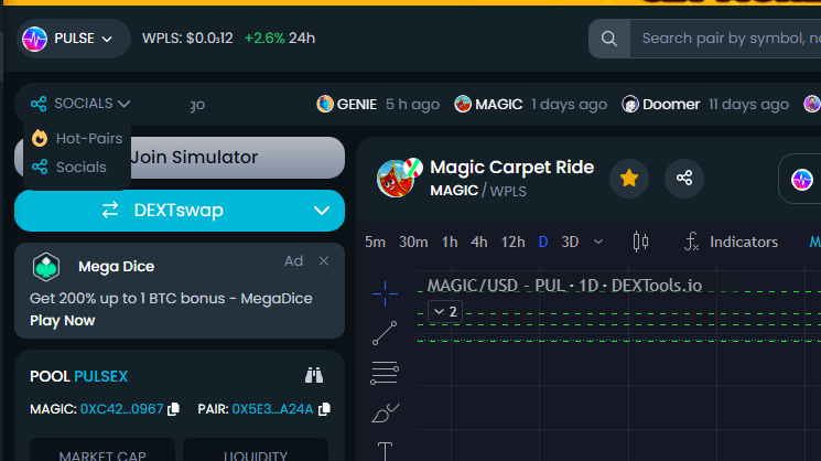 magicmemecoin's tweet photo. Quick tip: Check updated #Dextools listings by selecting SOCIALS under HOT PAIRS on the site's top left dropdown. #MagicPulseChain insight. Upcoming #shilltank update! https://t.co/pdZIHW8AWr