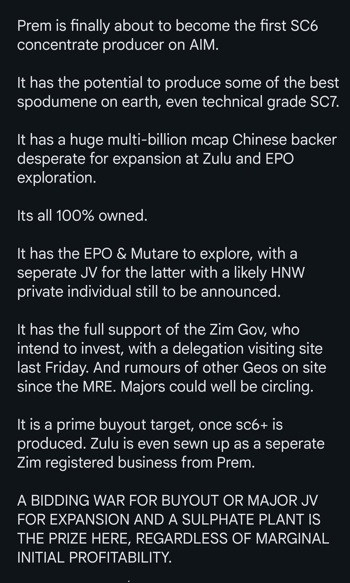 #PREM

Big week coming up for the Zulu #Lithium plant which should make <a href="/Premafrimin/">Premier African Minerals Limited (AIM:PREM)</a> the one and only spodumene concentrate producer on AIM. Huge achievement so can understand the delays.

Below posts are worth a moment of your time.I will say this..

DON'T MISS THIS OPPORTUNITY!