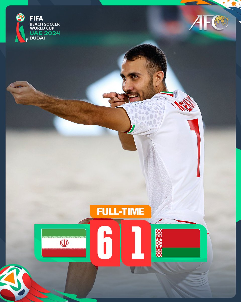 FT | 🇮🇷 IR Iran 6️⃣-1️⃣ Belarus 🇧🇾 

IR Iran ease past Belarus to finish 𝘁𝗵𝗶𝗿𝗱 at #BeachSoccerWC!