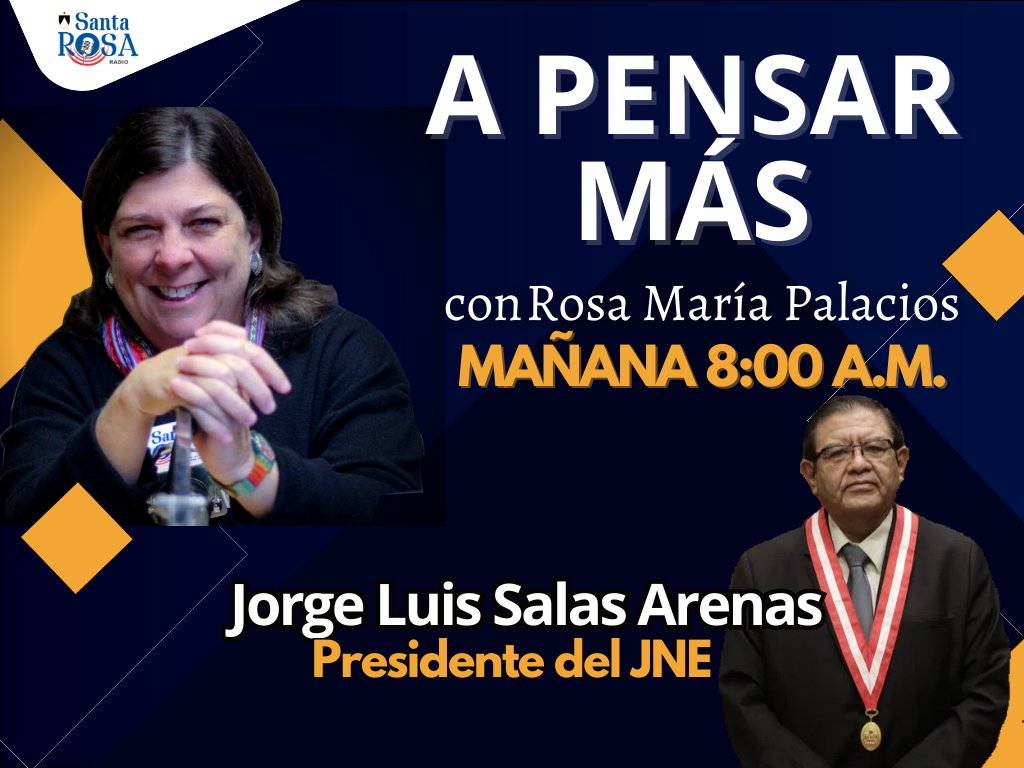 Mañana 26 de febrero a las 8:00 a.m. en #APensarMás con @rmapalacios, estará el titular del @JNE_Peru, Jorge Luis Salas Arenas, quien se referirá a las declaraciones de Jaime Villanueva, a la denuncia en su contra por admitir la inscripción del partido de Antauro Humala y más.