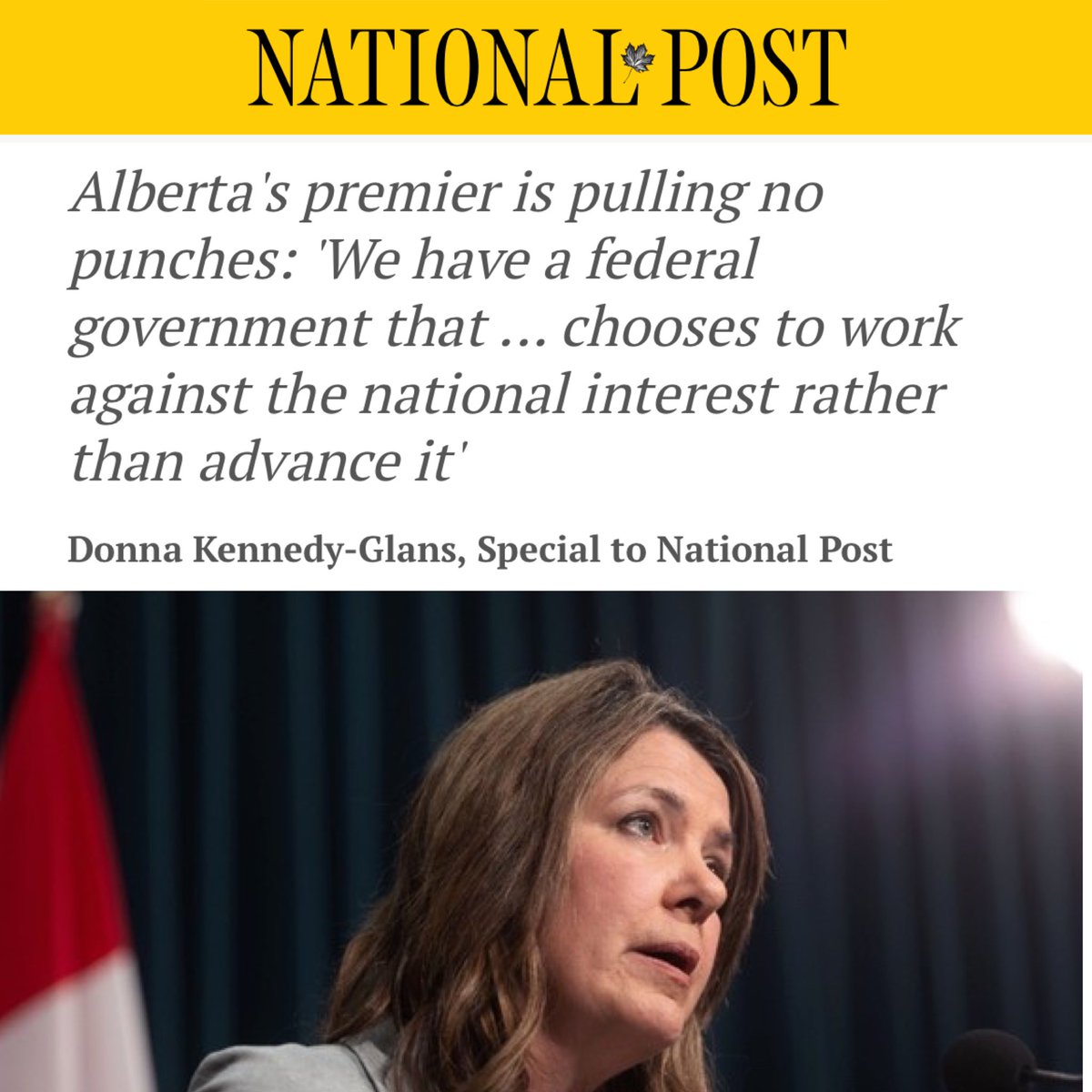 “One thing for certain, this premier isn’t trusting Ottawa to advocate on Albertans’ behalf. If we want to tell our own story, provinces have to do it ourselves, she asserts.” - Donna Kennedy-Glans | National Post Read more: nationalpost.com/news/politics/…