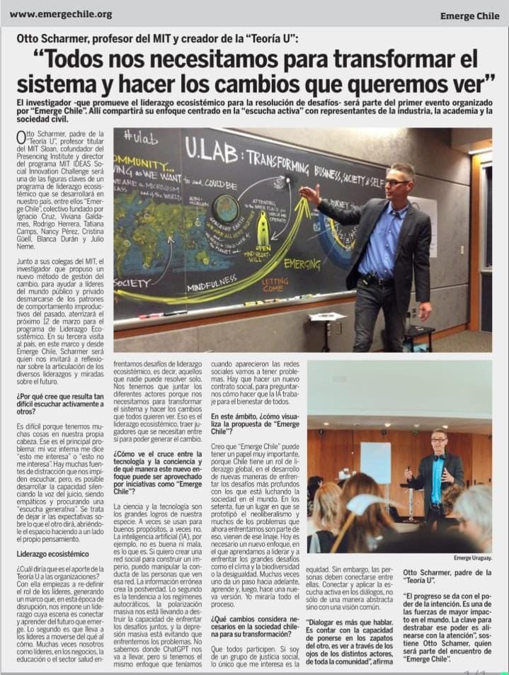 En nuestro propósito de destacar los liderazgos, hoy <a href="/latercera/">La Tercera</a> trae una entrevista a <a href="/ottoscharmer1/">Otto Scharmer</a> , destacado docente del MIT quien compartió valiosas reflexiones y además cuenta de su próxima visita a Chile donde participará de la Segunda Cumbre Liderazgo de Colunga 👇🏻