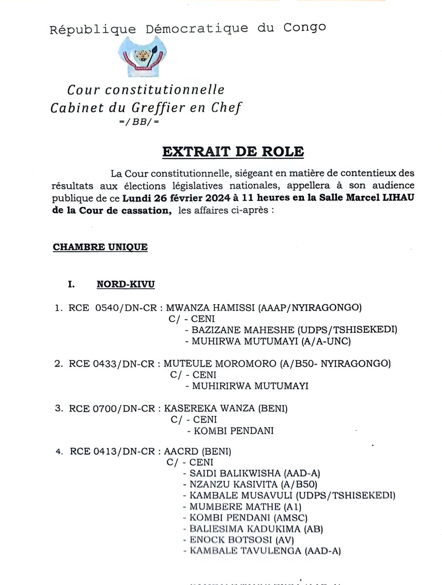 Cour_constRdc's tweet photo. EXTRAIT DE RÔLE DE L'AUDIENCE PUBLIQUE DE CE LUNDI 26 FÉVRIER 2024
[PAGE 1-4]
#NORD-KIVU
#SANKURU
#MAKANZA
#BOMONGO
#MONT-AMBA (KINSHASA)
#LUIZA
#TSHANGU (KINSHASA)
#FUNA (KINSHASA)
#BUKAMA 
#KISANGANI
#DIMBELENGE 
#UBUNDU https://t.co/aGUBWDqfC8