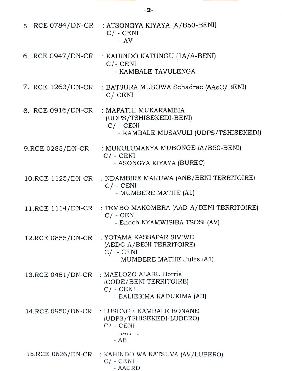 Cour_constRdc's tweet photo. EXTRAIT DE RÔLE DE L'AUDIENCE PUBLIQUE DE CE LUNDI 26 FÉVRIER 2024
[PAGE 1-4]
#NORD-KIVU
#SANKURU
#MAKANZA
#BOMONGO
#MONT-AMBA (KINSHASA)
#LUIZA
#TSHANGU (KINSHASA)
#FUNA (KINSHASA)
#BUKAMA 
#KISANGANI
#DIMBELENGE 
#UBUNDU https://t.co/aGUBWDqfC8