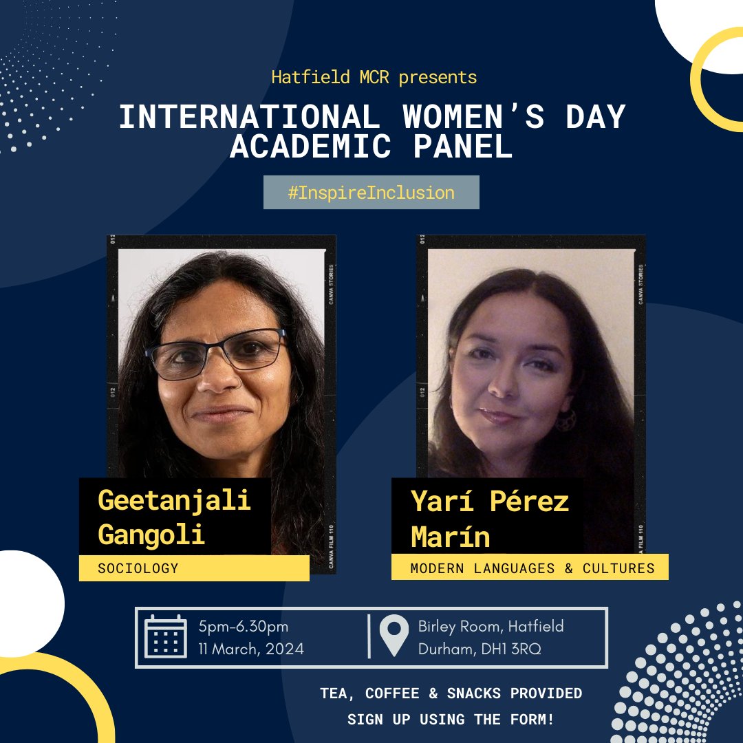 ❗International Women's Day Panel❗ 
5pm-6.30pm, 11th March 2024 with Professor Geetanjali Gangoli (<a href="/DurhamSociology/">Durham Sociology</a>) &amp; Dr Yarí Pérez Marín (<a href="/MLACdurham/">Durham Modern Languages and Cultures</a>)
Register here to attend online or in person: forms.office.com/e/qUnAYPg0rq.

#IWD2024 #IWD #internationalwomensday #womeninacademia
