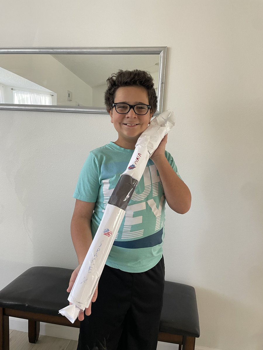 lauract_20's tweet photo. Hey @elonmusk my little brother Gian invites you to his 10th bday party here in FL. He made a model of your @SpaceX #Falcon9 and has amazing ideas for a NEW #rocket that, in his words, “has electromagnetic inter-stages, liquid nitrogen cooling system w/ electric motors” 🚀 👇 https://t.co/W5thDYOSt4