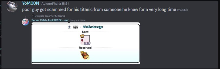 shadowboixd's tweet photo. @BuildIntoGames it's sad to see one of my friends get scammed out of his titanic because the other guy wanted to index it and the other guy was fairly trusted, please do something about it https://t.co/tj55jeSjrW
