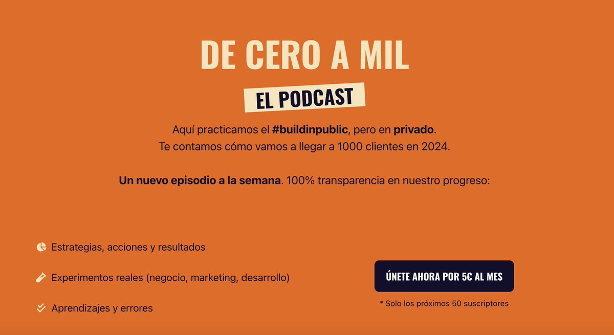 Hace 7 días lancé nuevo proyecto: un podcast de pago.

✅ MVP: landing + 2 episodios
✅ Primeros 40 clientes
✅ 100€ MRR

Pasamos de idea a ejecución en 24 horas. 

Te cuento cómo. Copia lo que te sirva ⤵️