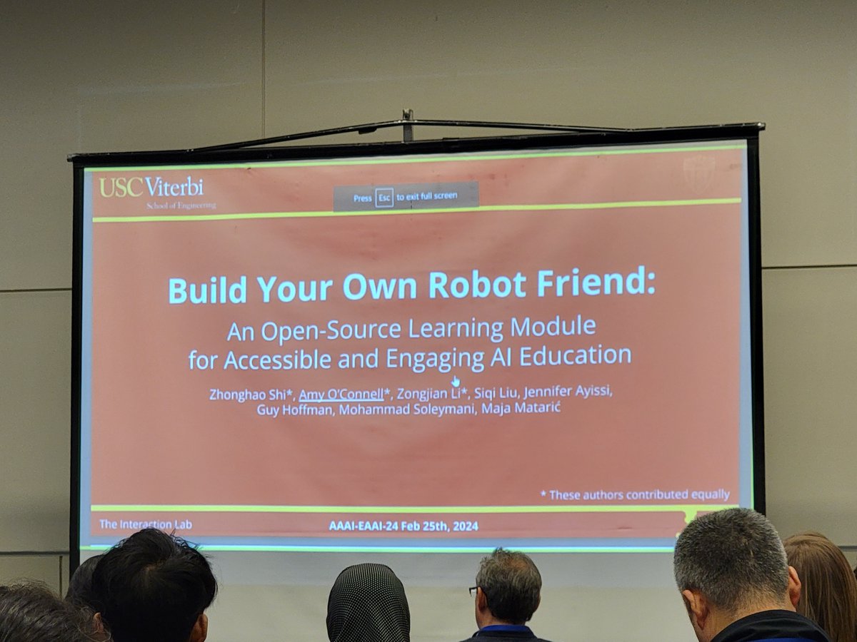 Amy O'Connell presenting at #EAAI24 open-source resources focused on engaging a broad range of students in exploring AI through building their own social robots . @msoleymani @guyhoffman #AI4K12