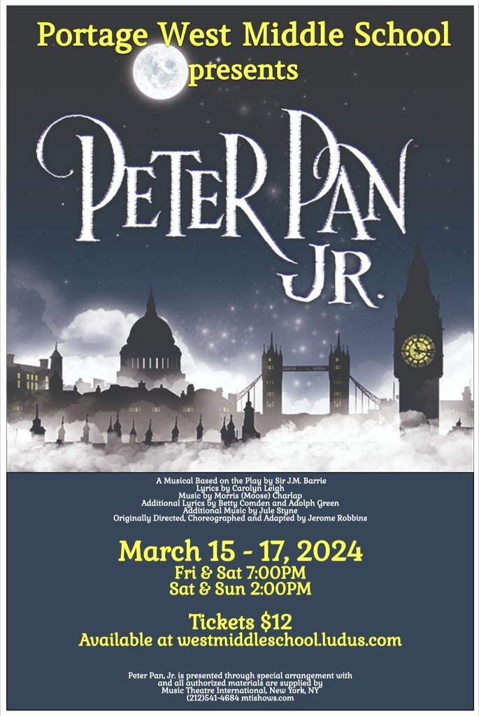 GoWestMS's tweet image. Are you ready to visit with Peter, Wendy, the Lost Boys, Captain Hook, and more in Neverland? 

Come join us March 15-17 for the Portage West production of...

****PETER PAN JR****

Tickets on sale now!

See flyer for details.

#PeterPanJr #AllIn #TheWestWay