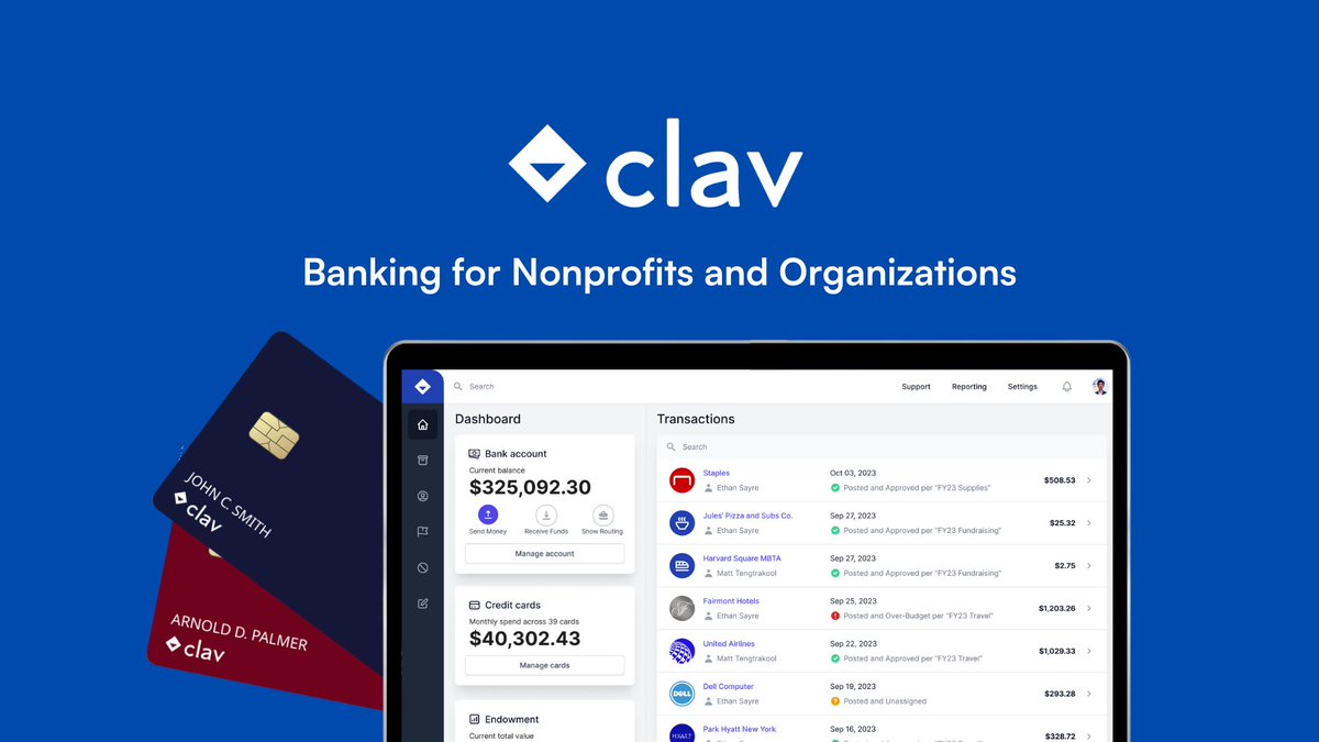 Y Combinator (@ycombinator) on Twitter photo .@ClavHQ (YC W24) is a banking platform tailored for nonprofits. They empower organizations of all types to manage banking, spending, reporting, and compliance through a single, unified platform.
ycombinator.com/launches/KSz-c…
Congrats on the launch, <a href="/MattTtkool/">Matt Tengtrakool</a> and Ethan! .@ClavHQ (YC W24) is a banking platform tailored for nonprofits. They empower organizations of all types to manage banking, spending, reporting, and compliance through a single, unified platform.
ycombinator.com/launches/KSz-c…
Congrats on the launch, <a href="/MattTtkool/">Matt Tengtrakool</a> and Ethan!