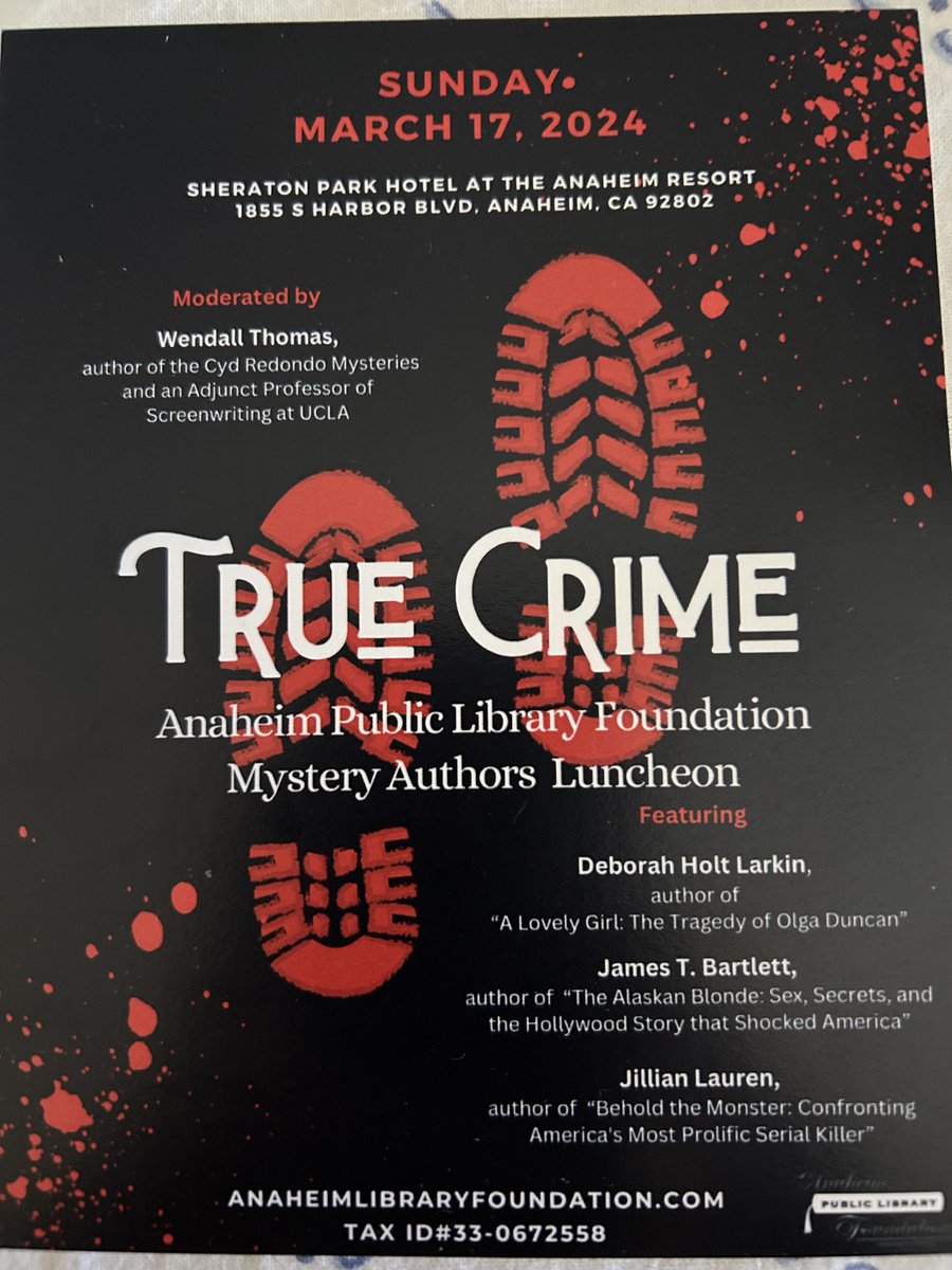 Wendall Thomas (@ewendallthomas) on Twitter photo Thrilled to be returning for the Anaheim Public Library Foundation's Mystery Author's Luncheon
<a href="/Anaheim_Library/">Anaheim Public Library</a> . The focus is True Crime-- I can't wait to interview <a href="/AlaskanBlonde53/">The Alaskan Blonde by James T. Bartlett</a> <a href="/jillylauren/">jillylauren</a> and @DeborahHoltLarkin Info here anaheim.net/1290/Library-F⦠#truecrime #Libraries Thrilled to be returning for the Anaheim Public Library Foundation's Mystery Author's Luncheon
<a href="/Anaheim_Library/">Anaheim Public Library</a> . The focus is True Crime-- I can't wait to interview <a href="/AlaskanBlonde53/">The Alaskan Blonde by James T. Bartlett</a> <a href="/jillylauren/">jillylauren</a> and @DeborahHoltLarkin Info here anaheim.net/1290/Library-F⦠#truecrime #Libraries