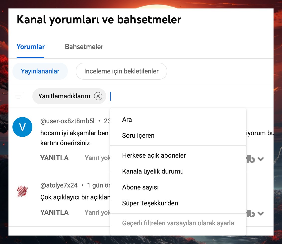 youtube'daki henüz yanıt vermediklerimiz, gelen sorular ya da diğer yorum yazanların kanala abonelik durumları bazen yaıt yazarken ve filtrelerken oludukça kolaylık sağlıyor (beğeni vermeyi bile yanıtlamış sayıyor sistem) twitter'da da böyle bir şey olsa keşke bir sekmede.…