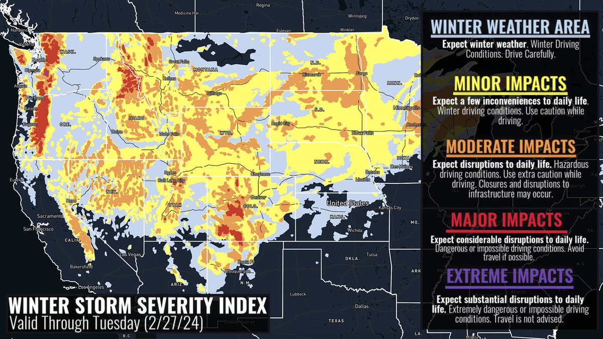 Be aware of travel conditions Sunday evening through Tuesday for those in the northwestern U.S. as a strong winter storm will bring heavy mountain snow and gusty winds. Here's a look at the WSSI  through Tuesday, highlighting where higher impacts to daily life are possible.