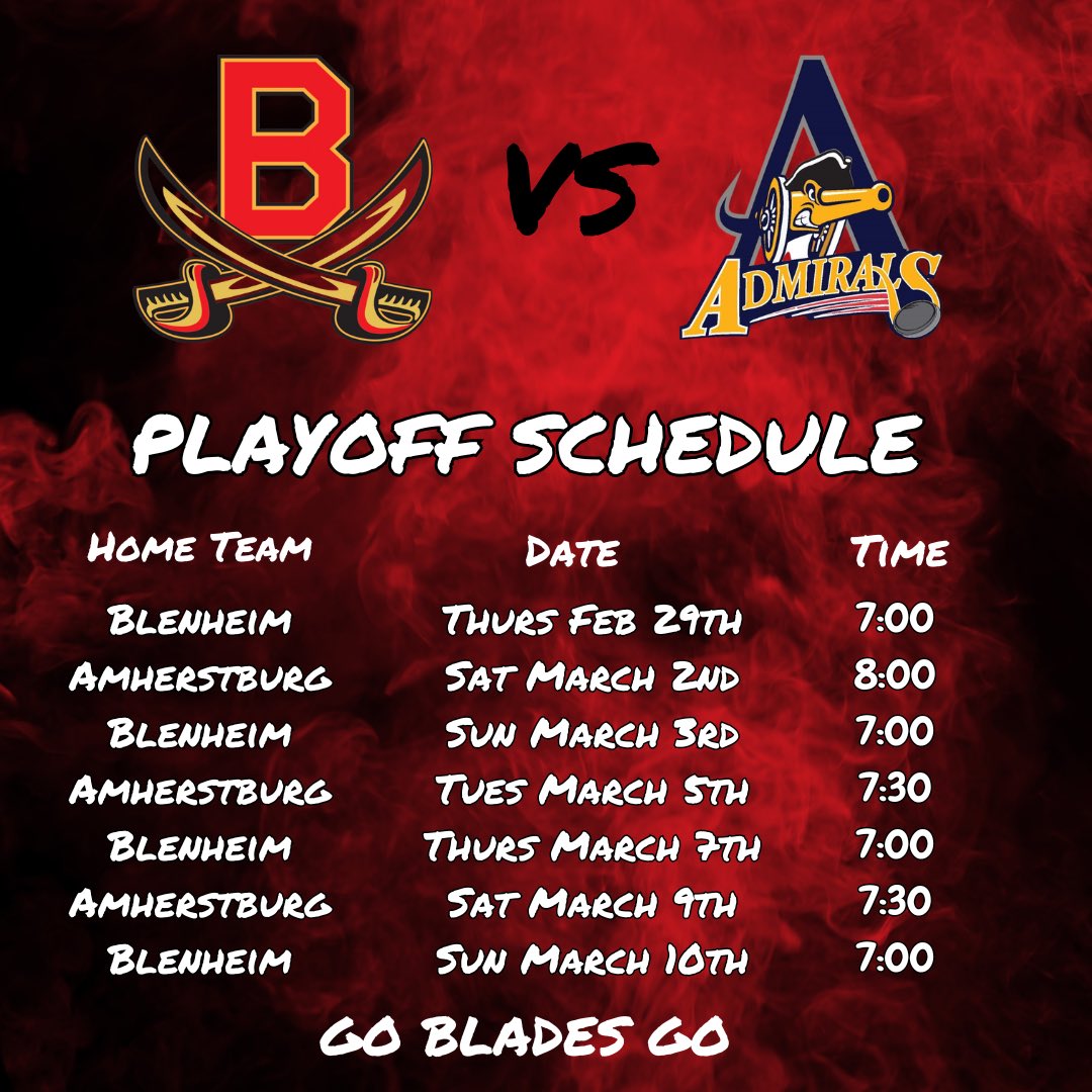 ⚔️Blades Playoff Schedule⚔️

The Blades are at home Thursday to start off our Playoff Run against against Amherstburg 
Puck drop is set for 7:00 

First Round Pricing 
Adults $11
Students/Seniors $7 
Youth $6 

Be there, pack the barn red and cheer loud!