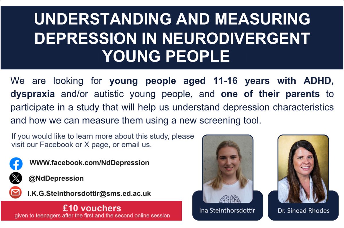 We're still looking for neurodivergent teenagers with or without a depression diagnosis and their parents to join our study. Help us understand and measure depression better in these young people. Email i.k.g.steinthorsdottir@sms.ed.ac.uk #Autism #ADHD #AuDHD #DCD #Dyspraxia