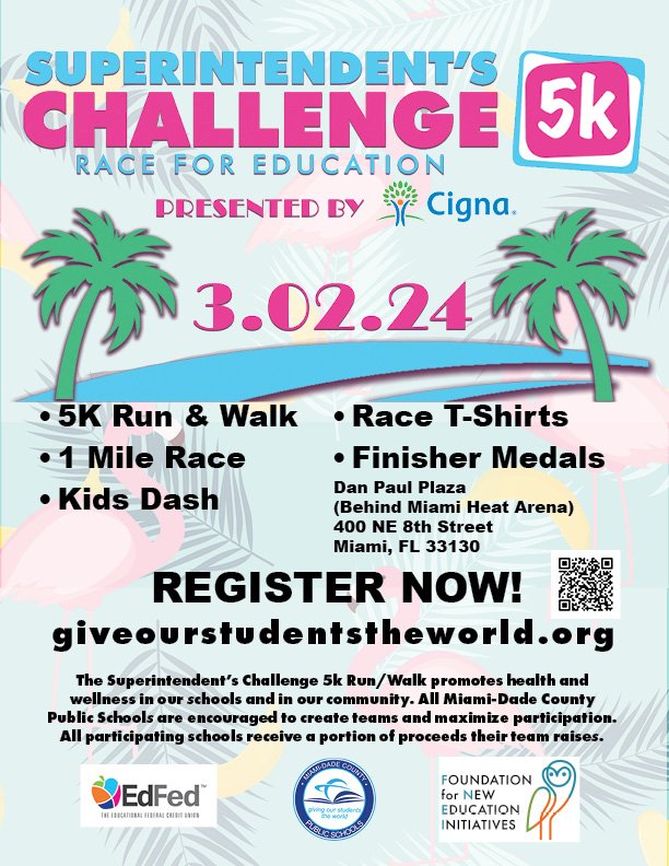 Miami-Dade Schools (@mdcps) on Twitter photo Runners! Don't forget to join @suptdotres at the Superintendent's 5K Race on March 2, 2024, at 7:30 a.m.
Let's run for education, supporting <a href="/MDCPS/">Miami-Dade Schools</a> students! Sign up at giveourstudentstheworld.org. #MiamiSupt5K #YourBestChoiceMDCPS Runners! Don't forget to join @suptdotres at the Superintendent's 5K Race on March 2, 2024, at 7:30 a.m.
Let's run for education, supporting <a href="/MDCPS/">Miami-Dade Schools</a> students! Sign up at giveourstudentstheworld.org. #MiamiSupt5K #YourBestChoiceMDCPS