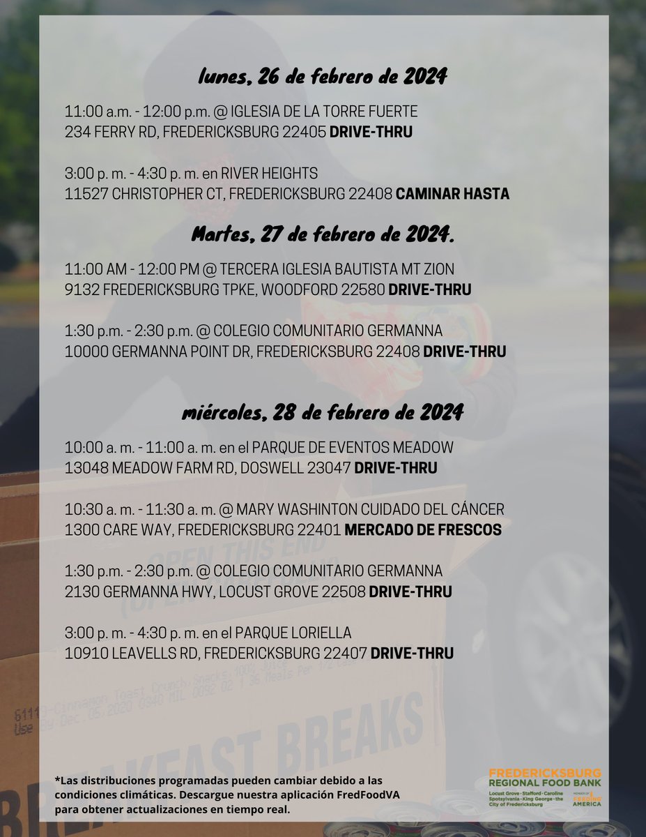 Here's our Distribution Schedule for the week. Download our app, FredFoodVA, for real-time updates on distributions happening in our area.
