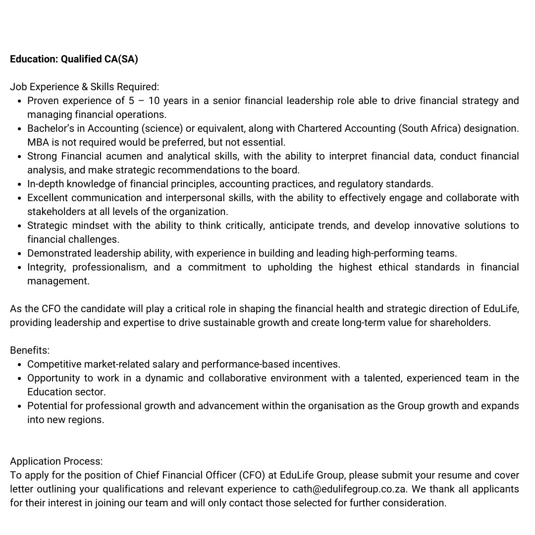 EdulifeGroup's tweet photo. Attention Chartered Accountants‼️📣Exciting opportunity alert! We are in search of a highly skilled and dynamic individual to step into the role of Chief Financial Officer (CFO). #FinanceLeadership #EdulifeGroup https://t.co/kI9Zzb2NFe