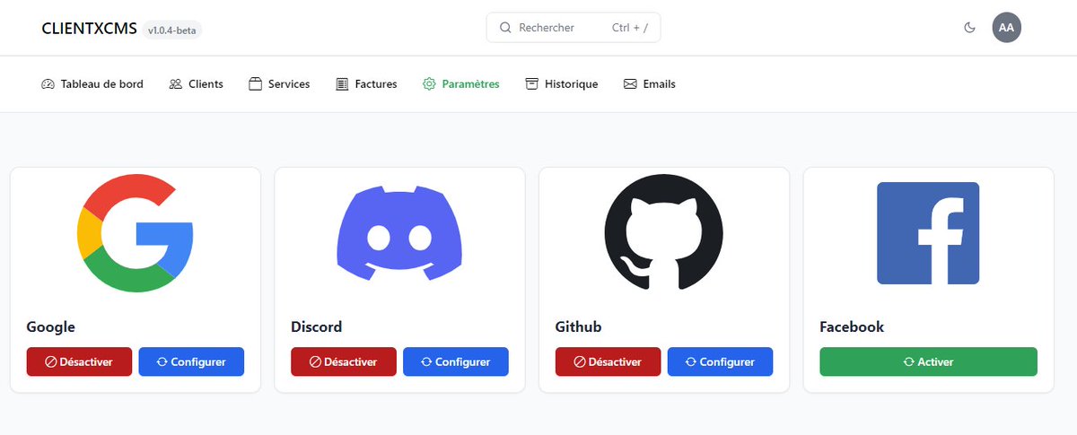 ClientXCMS's tweet photo. 🚀 Découvrez le module #SocialAuth de CLIENTXCMS NextGen ! 🔐 Connectez-vous instantanément via vos comptes GitHub, Facebook, Discord ou Google, simplifiant ainsi votre expérience d'hébergement. Plus de barrières, juste une connexion fluide et sécurisée. https://t.co/evPKEb6m4c