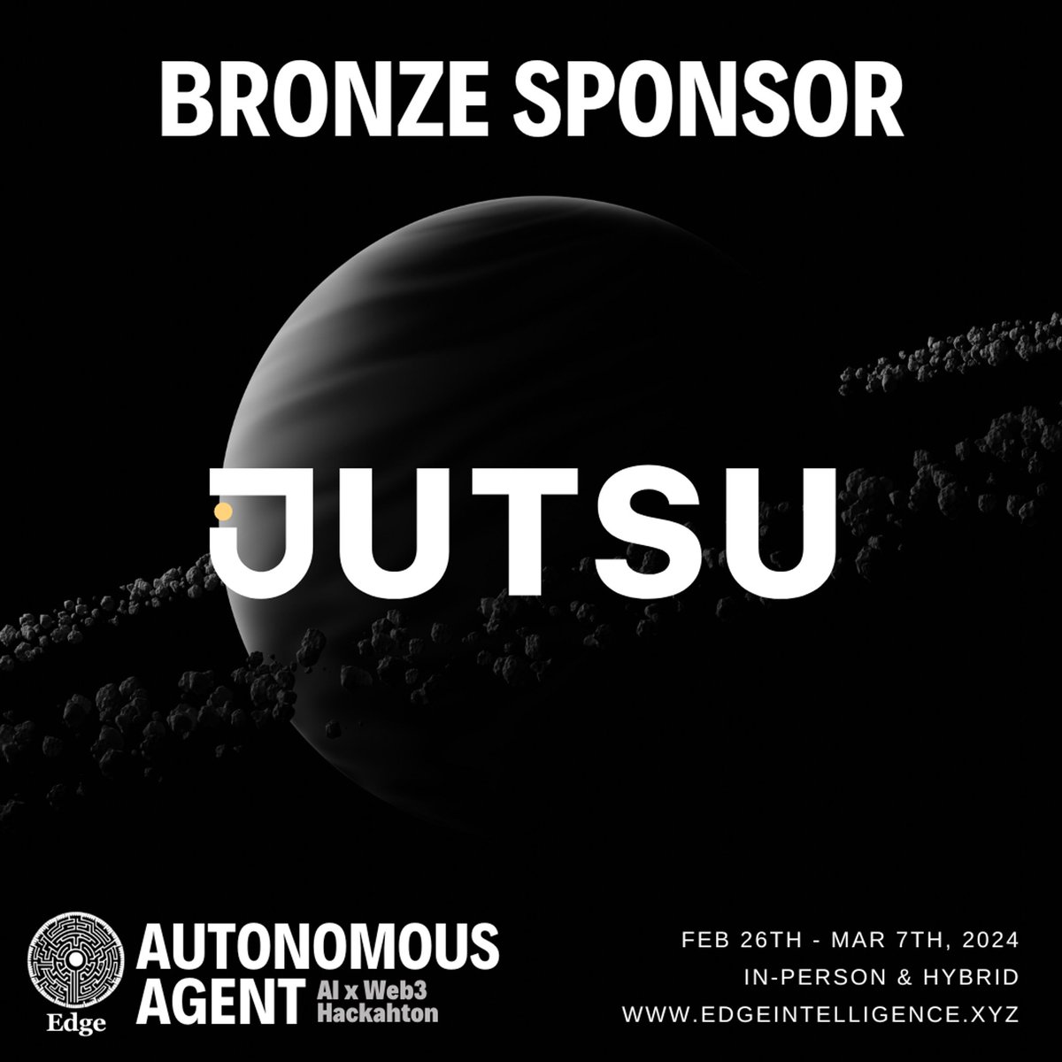 EdgeAGI's tweet image. ✨ Delighted to present @zahidsharp as a workshop speaker at our Transformer Assembly (27 Feb) in the Autonomous Agent AI x Web 3 Hackathon!

🤝 Thank you to our bronze partner Jutsu @tryjutsu – we're SO excited to be on this #JutsuJourney with you!

🔗 lu.ma/k6dw9jk2