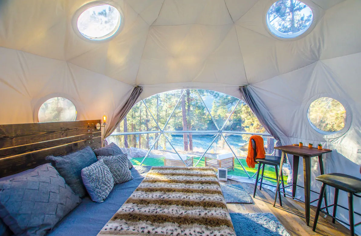 Clark Fork Landing, a unique and private river dome perched on the banks of the Clark Fork River in Missoula, MT. #glamping #montana #riverglamping #dome #dometent #tinyhouse #tinyhome #geodesicdome #pacificdomes