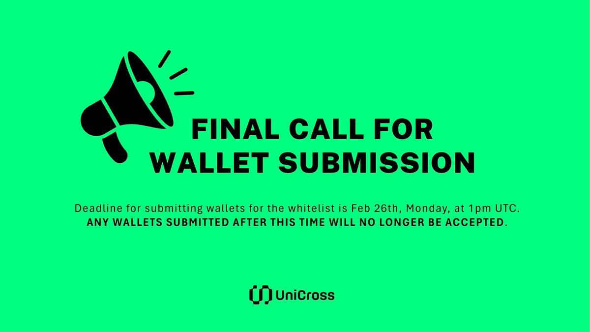 🚨 Final reminder to submit wallets for whitelisted users🚨

Secure your spot in the UniCross Beta Testing by submitting your Merlin testnet wallet before February 26th, 1pm UTC. Don't miss the opportunity to be among the first to try inscribing Bitcoin assets on Layer 2!