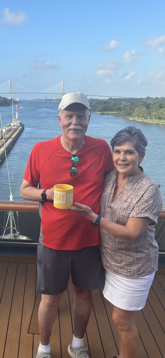 mainelaserskin's tweet photo. Jack and Christine Burke celebrating their 45th anniversary while transiting the Panama Canal with their #SundayTODAY mug. Waiting for #WillieGeist to put them on #mugshot segment! https://t.co/hX1n0uYTKB
